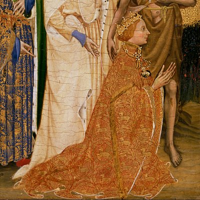 Richard II gepresenteerd aan de Maagd en het Kind door zijn patroonheilige Johannes de Doper en de heiligen Edward en Edmund, ca. 1395-99 (detail) door Master of the Wilton Diptych